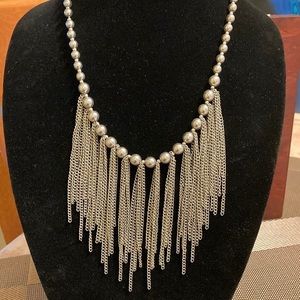 Silver tone beaded statement necklace w/cascade of streaming small chain links